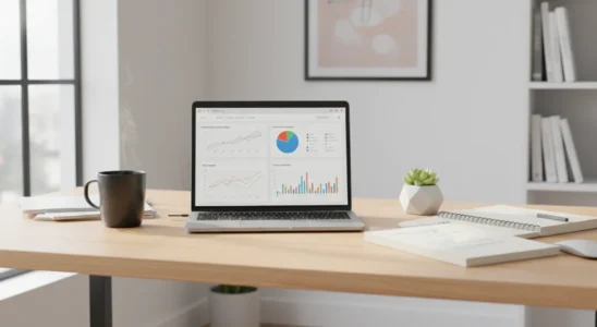 Laptop displaying marketing performance metrics on a tidy workspace desk.