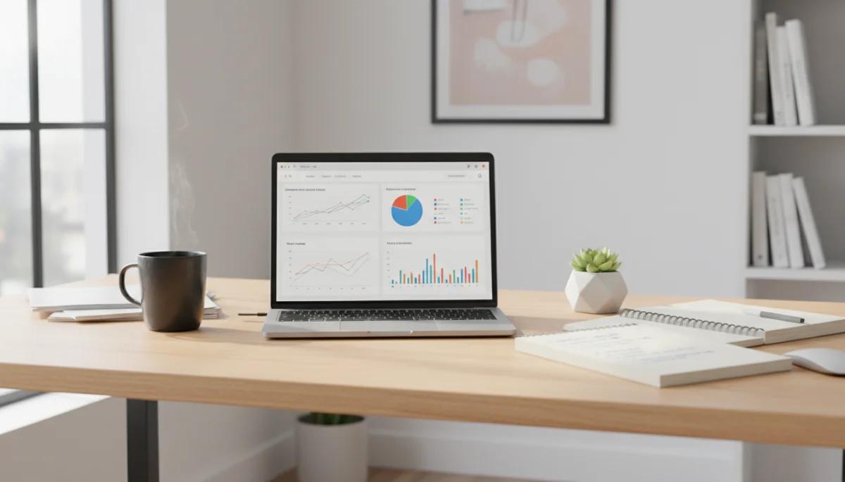 Laptop displaying marketing performance metrics on a tidy workspace desk.