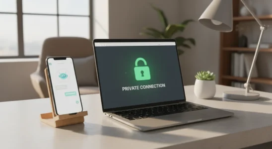 Smartphone displaying an AI chat assistant on a desk with privacy concepts