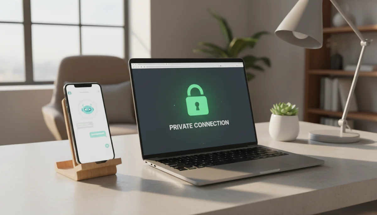 Smartphone displaying an AI chat assistant on a desk with privacy concepts