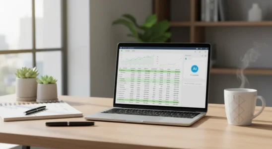 A laptop on a desk showing an AI chatbot interface helping organize a monthly budget spreadsheet.