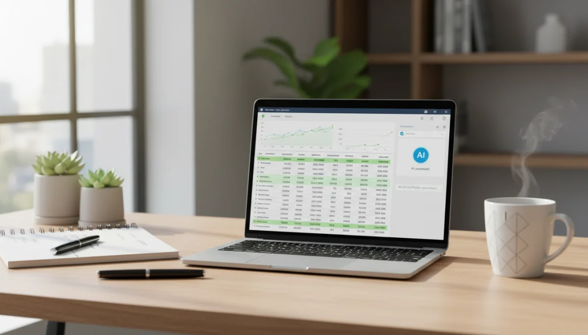A laptop on a desk showing an AI chatbot interface helping organize a monthly budget spreadsheet.
