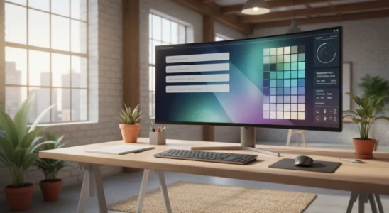 A computer workspace showing software for AI image generation and digital creative design.