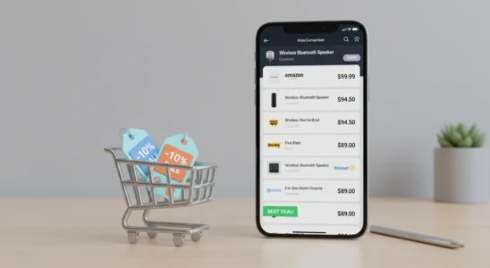 Smartphone displaying an AI shopping comparison tool on a desk.