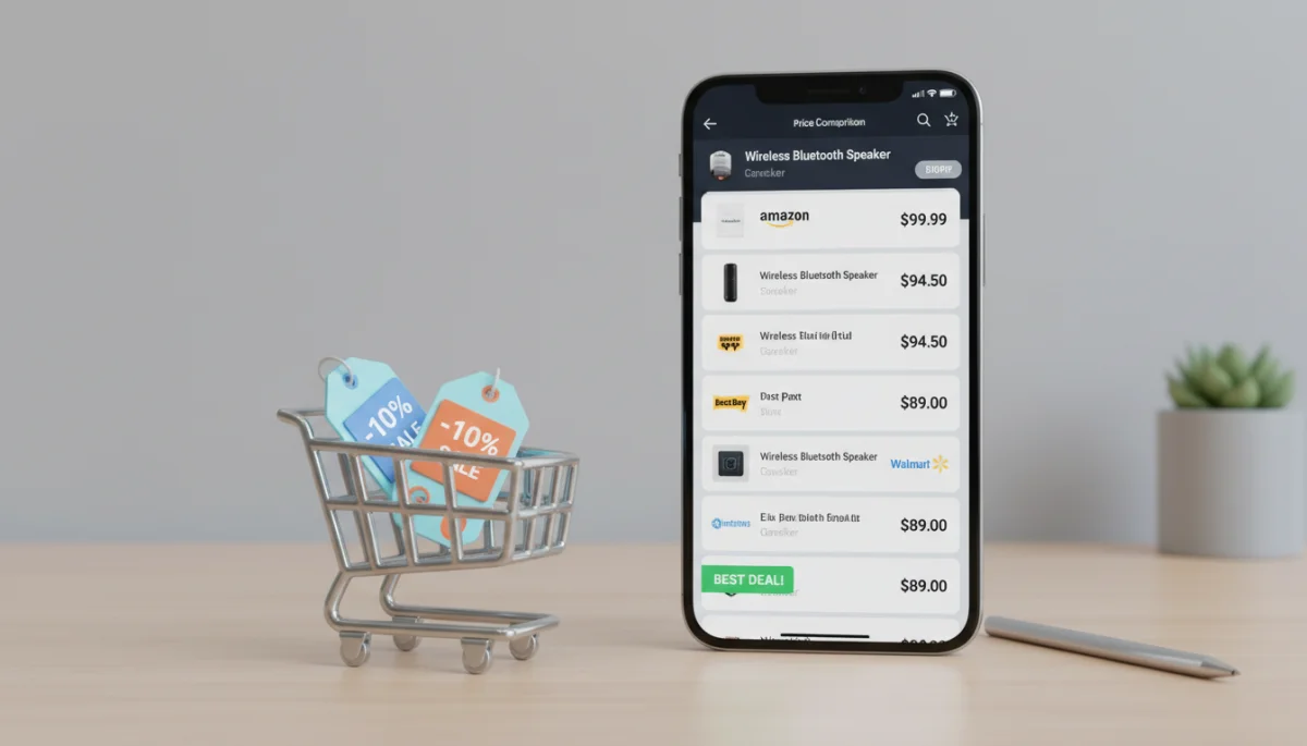 Smartphone displaying an AI shopping comparison tool on a desk.