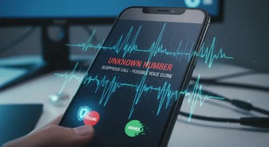 Smartphone displaying incoming call with digital sound waves representing voice cloning AI scams