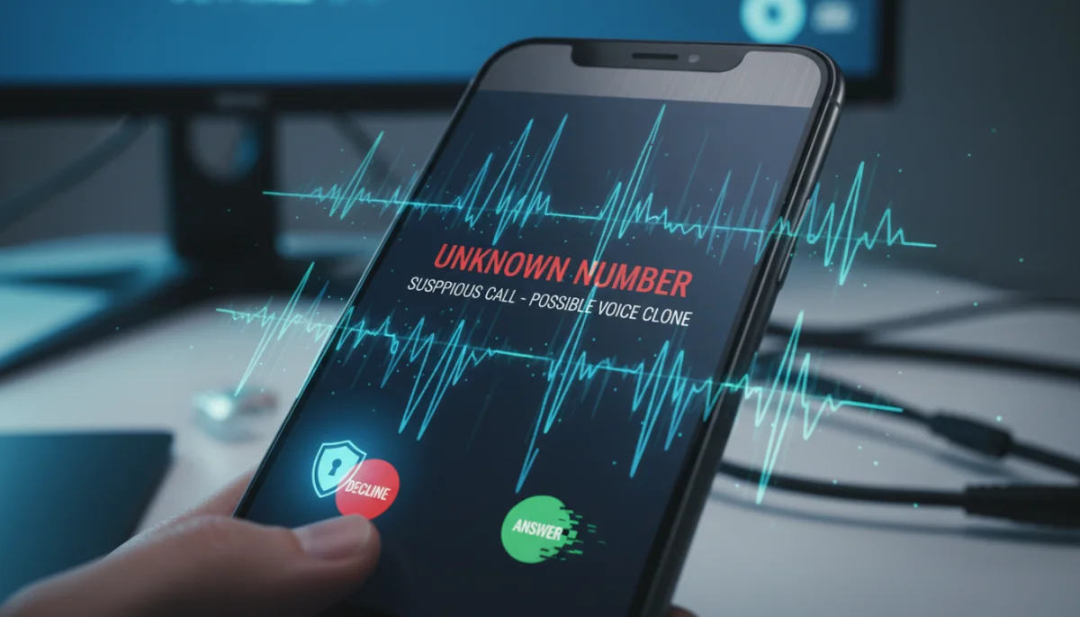 Smartphone displaying incoming call with digital sound waves representing voice cloning AI scams