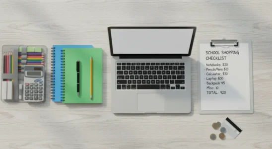 Staged school supplies and a checklist on a wooden desk illustrating budget shopping timing.