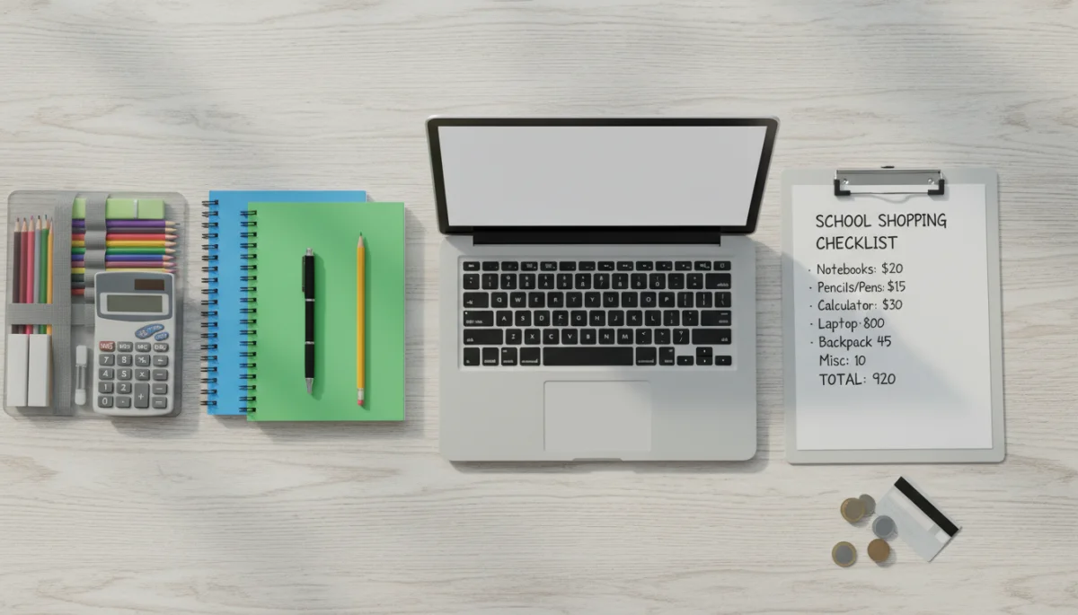Staged school supplies and a checklist on a wooden desk illustrating budget shopping timing.