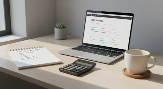 A notebook with budget categories and a laptop displaying savings accounts on a wooden desk.