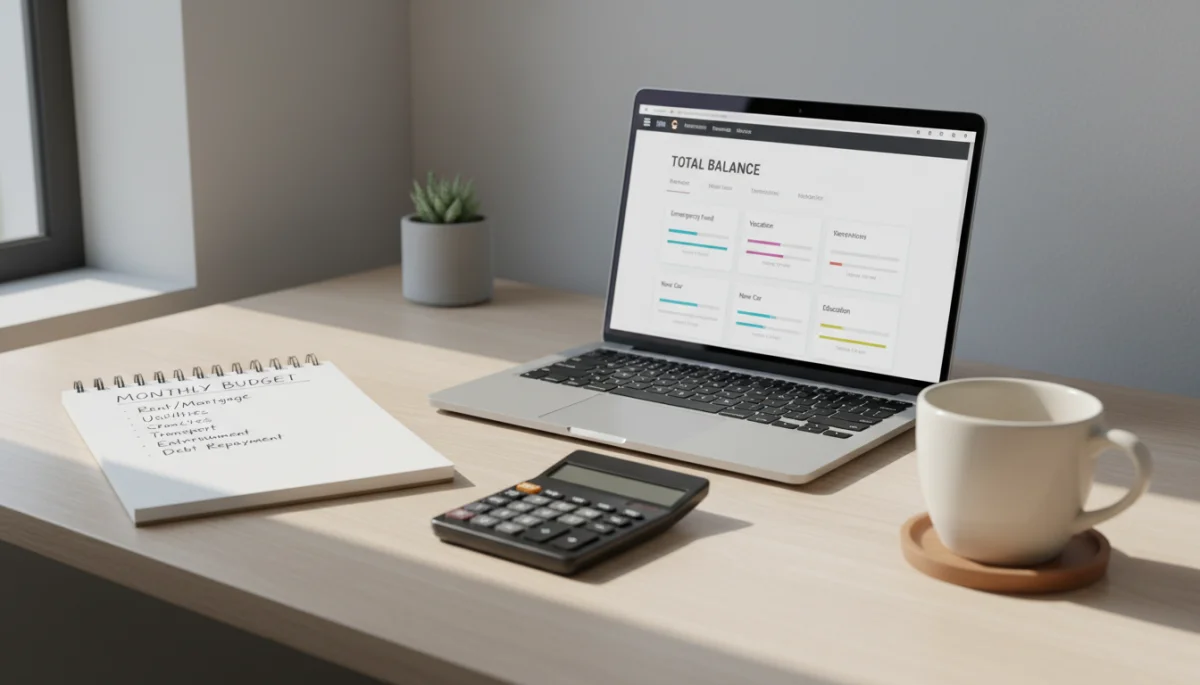 A notebook with budget categories and a laptop displaying savings accounts on a wooden desk.