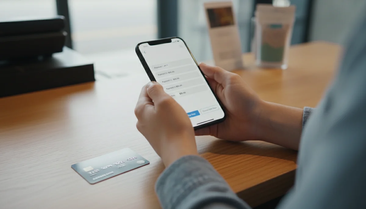 Shopper reviewing split payment options on a smartphone at checkout