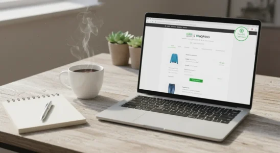 Laptop displaying an online shopping cart with a cash-back extension rebate alert.