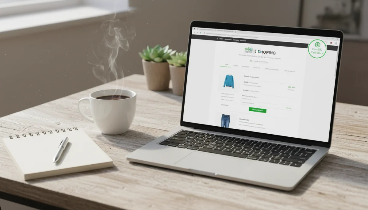Laptop displaying an online shopping cart with a cash-back extension rebate alert.