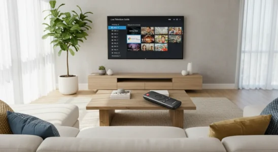 Modern living room with a smart TV displaying a live TV channel guide interface
