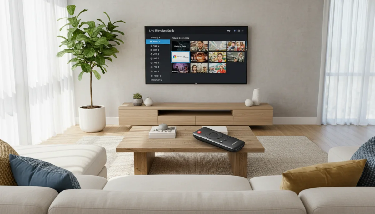 Modern living room with a smart TV displaying a live TV channel guide interface