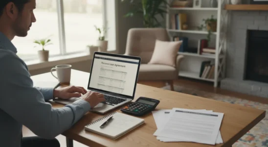 Person reviewing personal loan terms and origination fees on a laptop with a calculator on the desk
