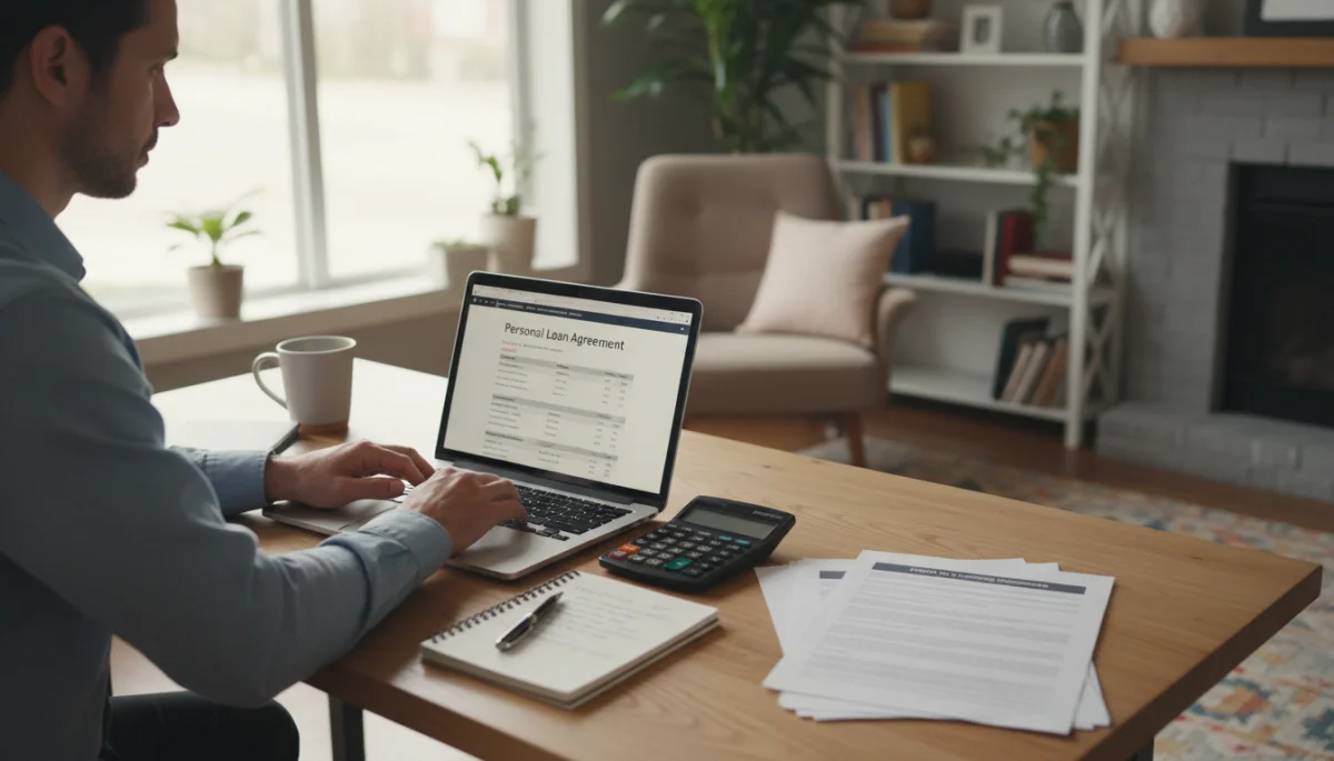 Person reviewing personal loan terms and origination fees on a laptop with a calculator on the desk