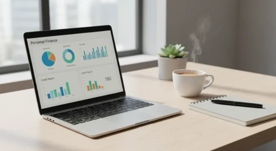Credit report analysis on a laptop screen showing credit inquiry details and scoring data.