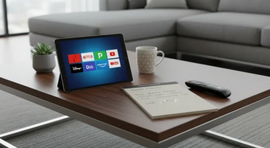 A tablet showing streaming app logos next to a budget notepad and remote control.