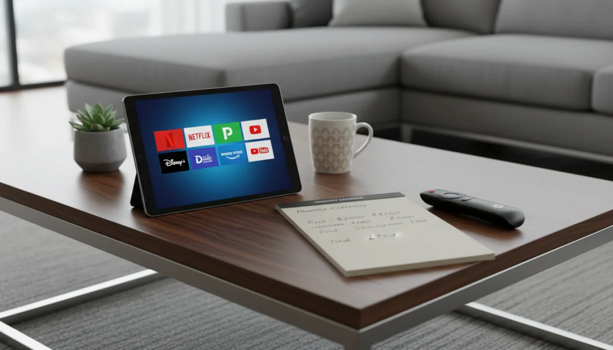 A tablet showing streaming app logos next to a budget notepad and remote control.