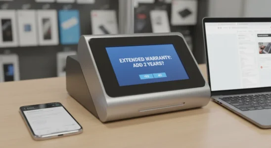 Retail checkout payment terminal displaying an extended warranty protection prompt next to consumer electronics.