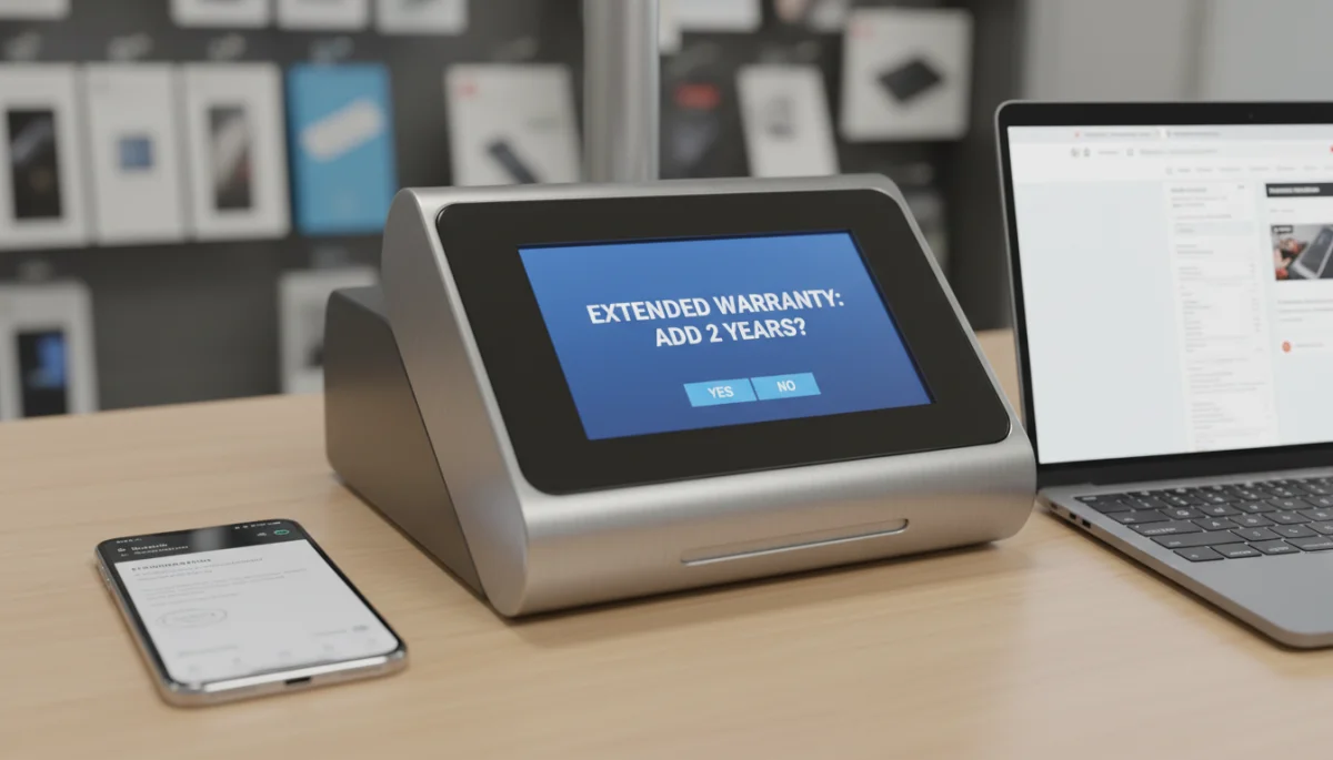 Retail checkout payment terminal displaying an extended warranty protection prompt next to consumer electronics.
