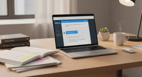 A modern desk with a laptop showing an AI chatbot interface next to open research documents and notes for fact-checking.