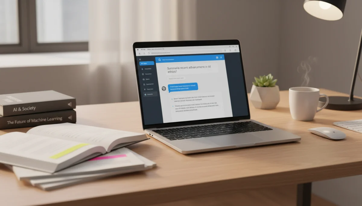 A modern desk with a laptop showing an AI chatbot interface next to open research documents and notes for fact-checking.