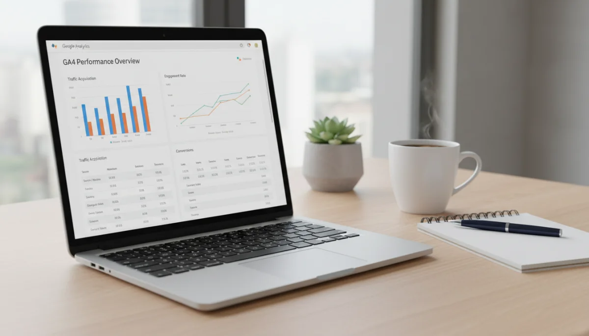 Google Analytics 4 dashboard displaying website traffic reports on a laptop screen