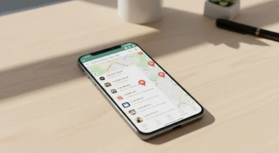 Smartphone displaying local business listings on Google Maps interface