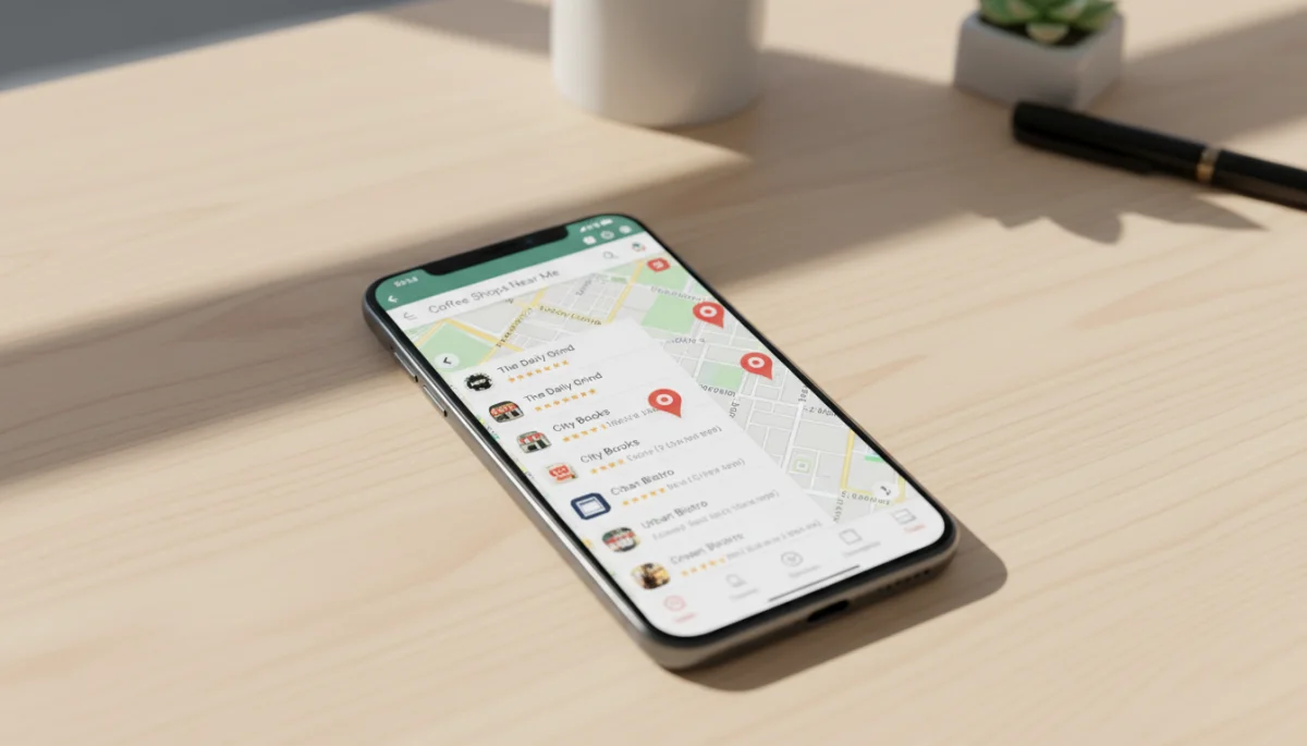 Smartphone displaying local business listings on Google Maps interface