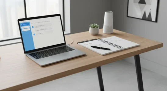 Laptop open on a wooden desk displaying an AI prompt interface next to a notepad