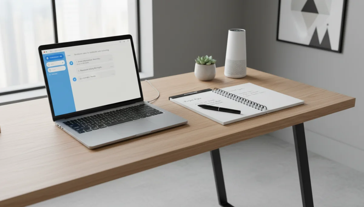 Laptop open on a wooden desk displaying an AI prompt interface next to a notepad