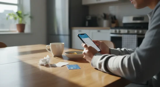 Person reviewing checking account balance on a smartphone to avoid overdraft fees.