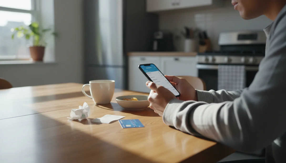 Person reviewing checking account balance on a smartphone to avoid overdraft fees.