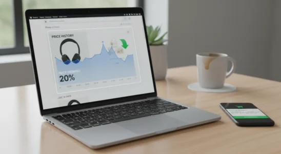 Laptop displaying a price history chart and price tracking tool interface on a desk