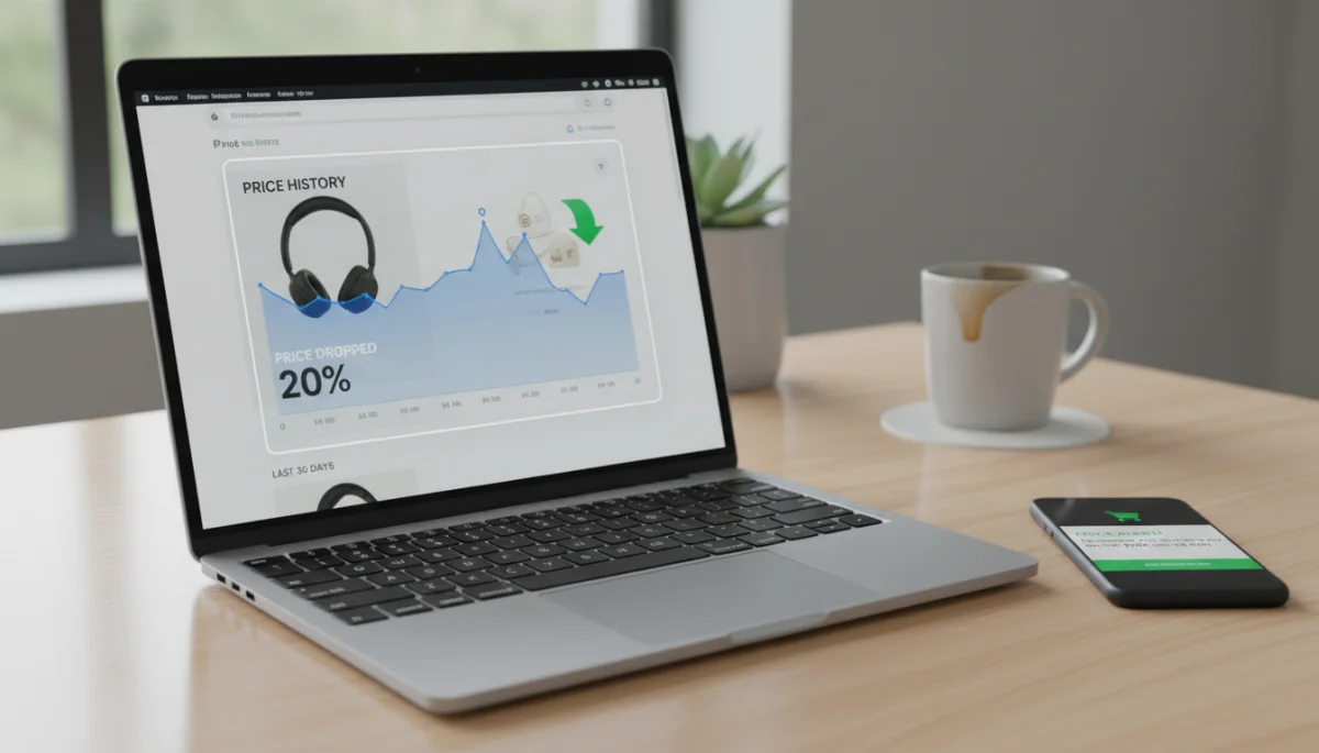 Laptop displaying a price history chart and price tracking tool interface on a desk