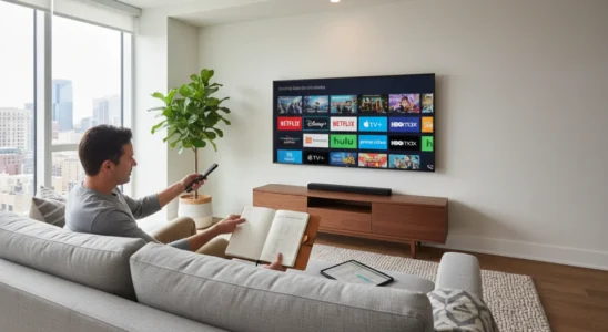 Person managing streaming apps on a smart TV to save money
