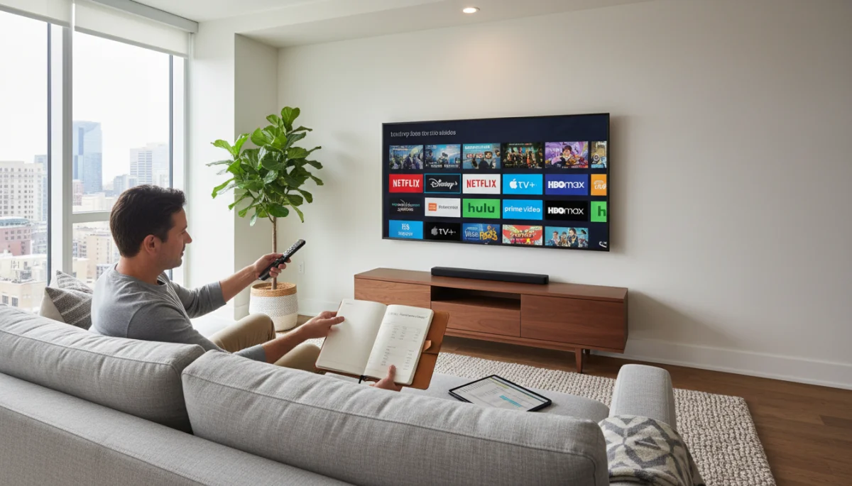 Person managing streaming apps on a smart TV to save money
