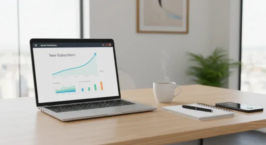 Laptop showing email marketing campaign analytics on a tidy desk setup