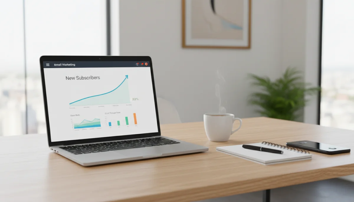 Laptop showing email marketing campaign analytics on a tidy desk setup