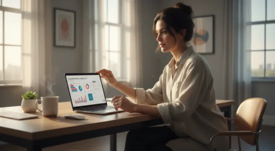 Small business owner using automated software on a laptop in an office