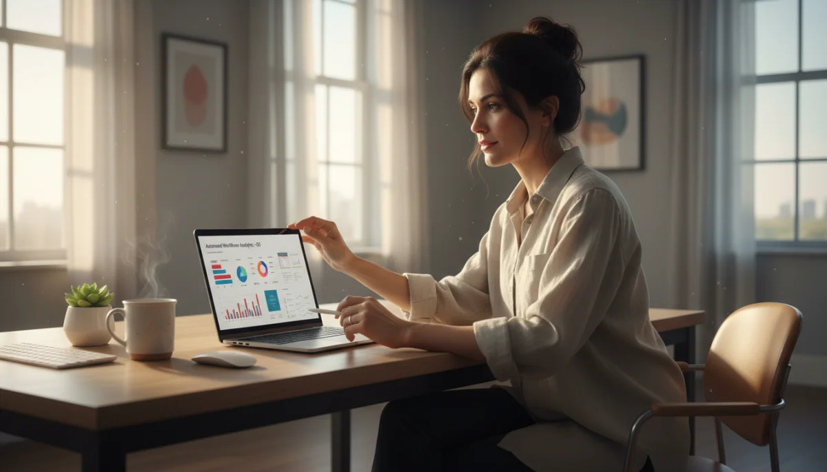 Small business owner using automated software on a laptop in an office