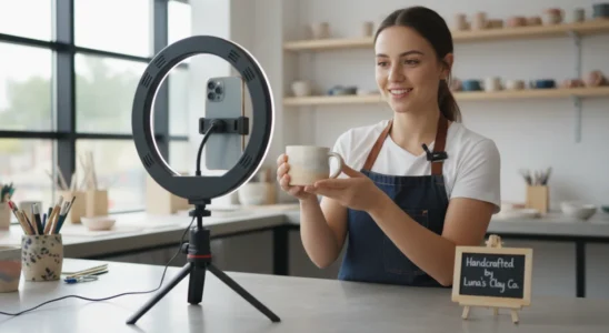 Small business owner using a smartphone and ring light to record a short-form video.