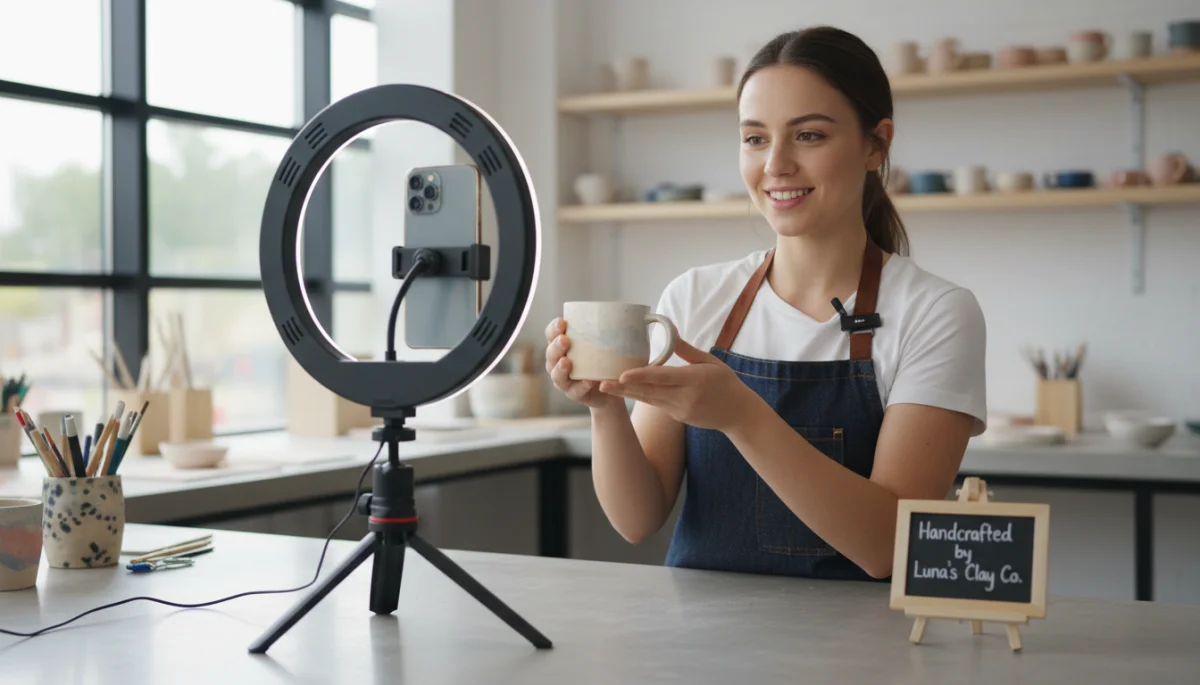 Small business owner using a smartphone and ring light to record a short-form video.