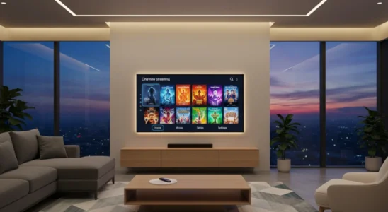 Smart TV displaying a streaming menu in a comfortable living room