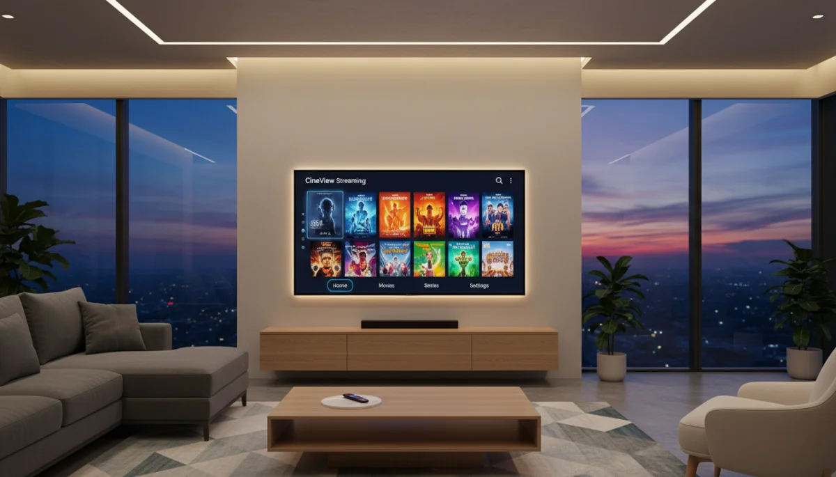 Smart TV displaying a streaming menu in a comfortable living room