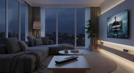 Smart TV screen displaying streaming video with a remote control on the table
