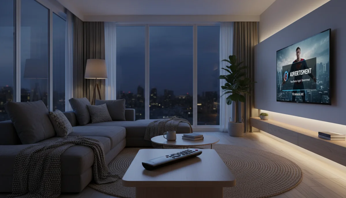 Smart TV screen displaying streaming video with a remote control on the table